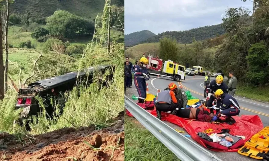 Ônibus com 48 pessoas cai em ribanceira e mata cinco no interior de SP